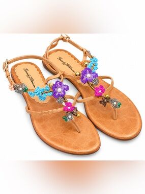 Beverly Feldman Beaded Floral Thong Sandals 8.5 Y2K Boho Fairycore Resortwear